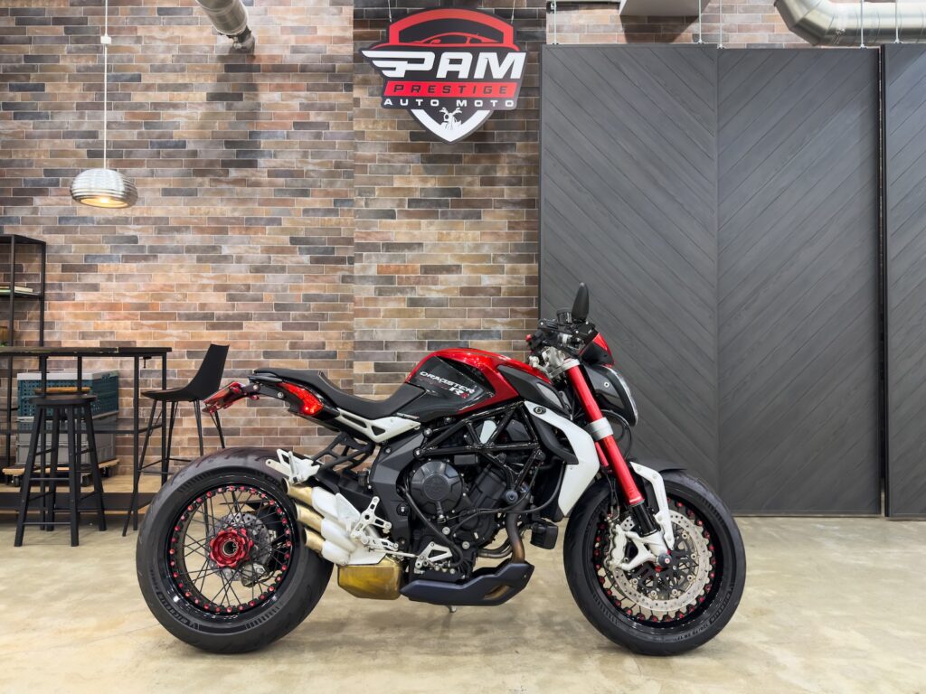 Red and white MV Agusta Dragster motorcycle, side view
